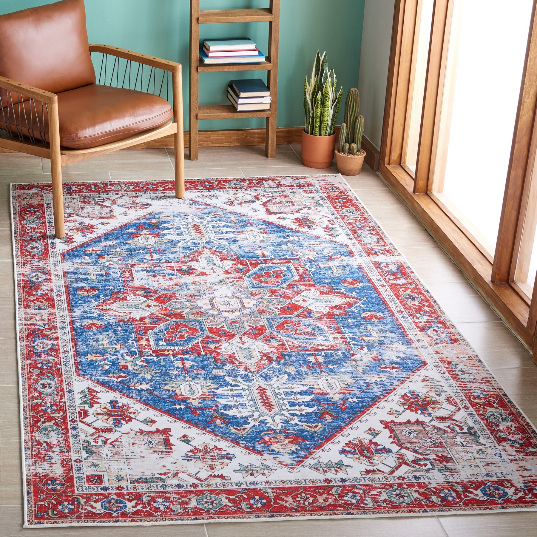 SAFAVIEH Tucson Bohemian Machine Washable Area Rug, Blue/Red, 4 x 6-ft