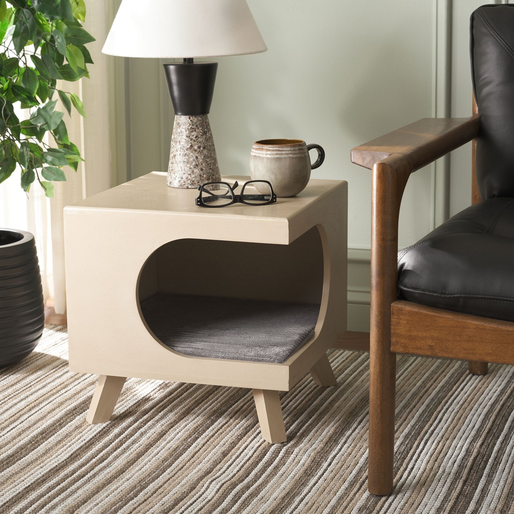 SAFAVIEH Bean Square Wood Cat Bed House, Natural