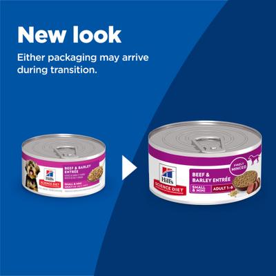 Show full view: Hill's Science Diet Adult Small Breed & Mini Breed Beef & Barley Entree Minced Wet Dog Food, 5.8-oz can, 24 count slide 3 of 12