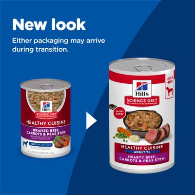 Show full view: Hill's Science Diet Senior Adult 7+ Healthy Cuisine Hearty Beef, Carrots & Peas Stew Wet Dog Food, 12.5-oz can, case of 12 slide 3 of 13