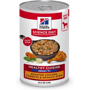 Hill's Science Diet Senior Adult 7+ Healthy Cuisine Roasted Chicken, Carrots & Spinach Stew Wet Dog Food, 12.5-oz can, case of 12