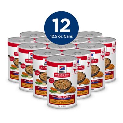 Show full view: Hill's Science Diet Senior Adult 7+ Healthy Cuisine Roasted Chicken, Carrots & Spinach Stew Wet Dog Food, 12.5-oz can, case of 12 slide 4 of 13