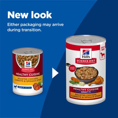 Show full view: Hill's Science Diet Senior Adult 7+ Healthy Cuisine Roasted Chicken, Carrots & Spinach Stew Wet Dog Food, 12.5-oz can, case of 12 slide 3 of 13