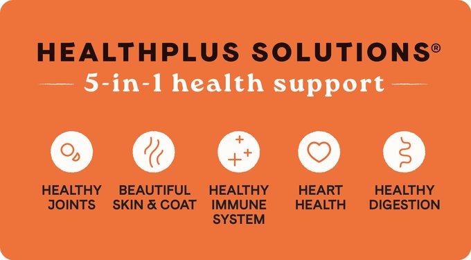 healthplus solutions. 5 in 1 health support. healthy joints. beautiful coat. heart health. healthy digestion