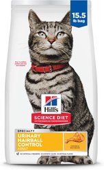 Hill's Science Diet Adult Urinary & Hairball Control Chicken Recipe Dry Cat Food, 15.5-lb bag