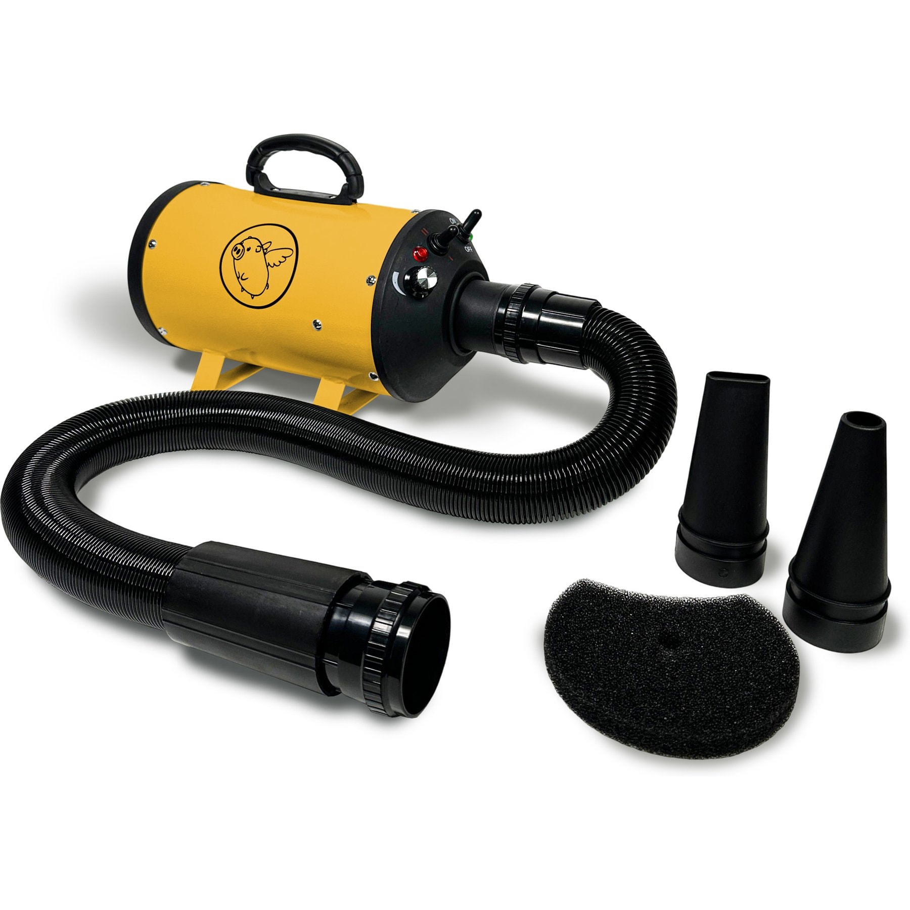 Flying Pig Grooming One high velocity dog grooming dryer in yellow with black logo