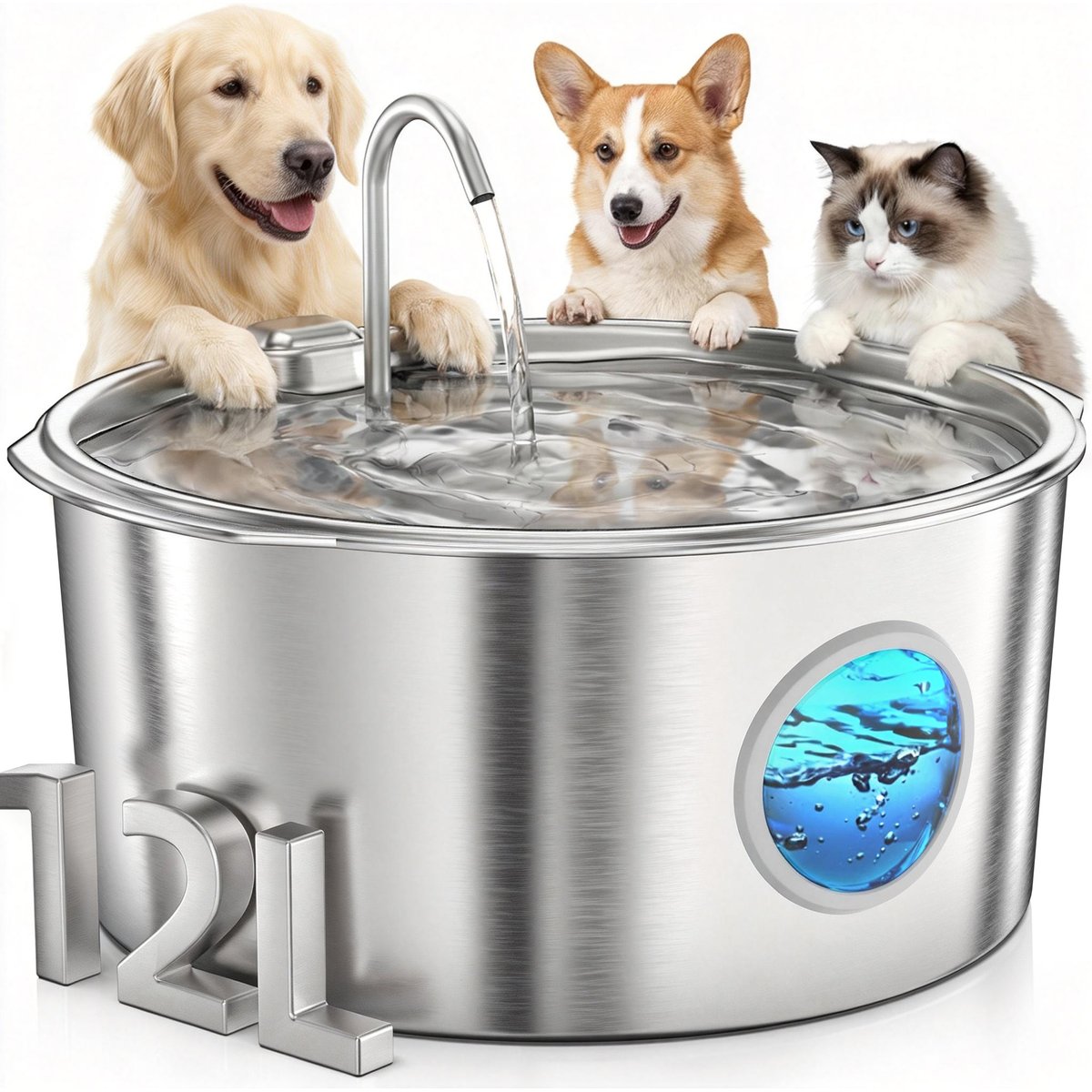 Casfuy PWS-701 Stainless Steel Dog Water Fountain, X-Large: 12-L / 3.2-gal