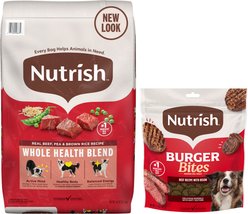 Rachael Ray Nutrish Real Beef, Pea, & Brown Rice Recipe Dry Food + Burger Bites, Beef Burger with Bison Dog Treats