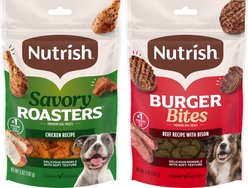Rachael Ray Nutrish Savory Roasters Roasted Chicken + Burger Bites, Beef Burger with Bison Dog Treats, 5-oz bag