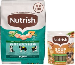 Rachael Ray Nutrish Bright Real Chicken & Brown Rice Puppy Recipe Dry Food + Soup Bones Chicken & Veggies Flavor Dog Treats