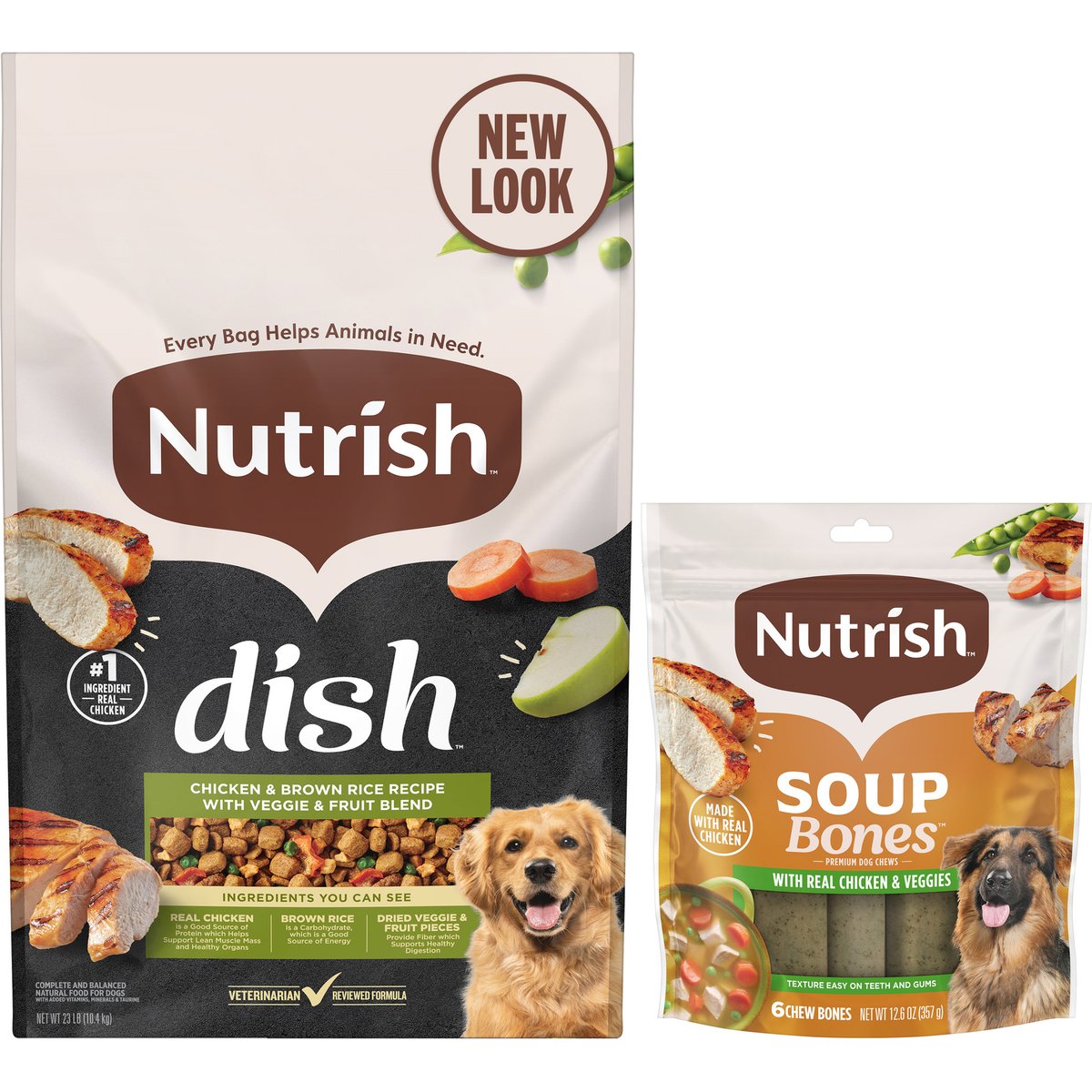 Rachael Ray Nutrish Dish Chicken & Brown Rice Recipe with Veggies & Fruit Dry Food + Soup Bones Chicken & Veggies Flavor Dog Treats