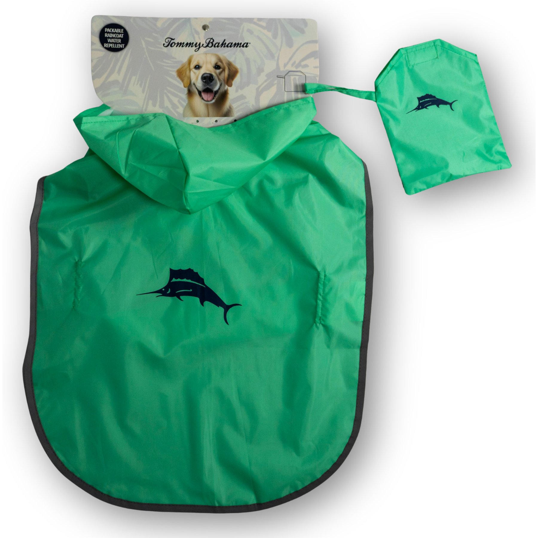 Tommy Bahama Pet Dog Packable Raincoat with Carrying Pouch, Jade, Small