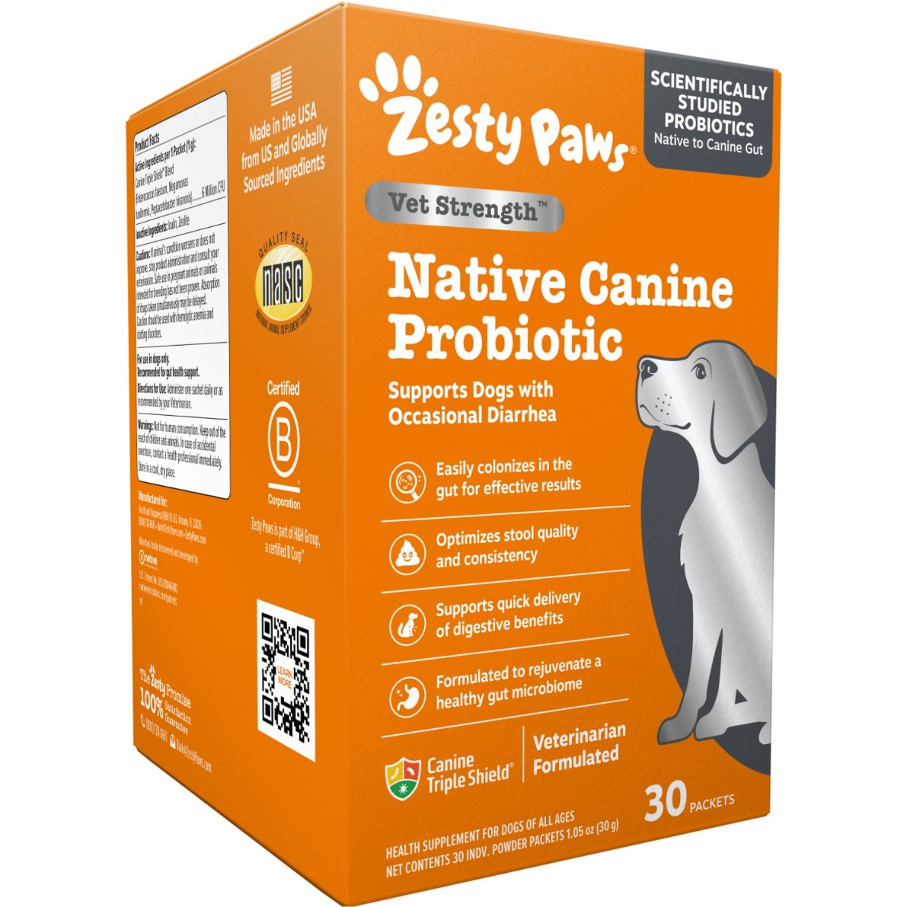 Zesty Paws Vet Strength Native Canine Probiotic Powder, Gut Flora & Digestive Powder Supplement for Dogs, 30 count