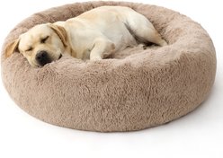 Bedsure Plus Version Calming Fluffy Plush Faux Fur Supported Donut Dog & Cat Bed, Camel, Large