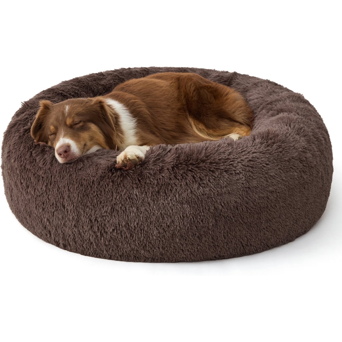 Bedsure Anti-Anxiety Deep Sleep & Joint Relief Calming Faux Fur Donut Bolster Dog Bed, Dark Brown, Large