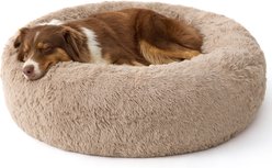 Bedsure Plus Version Calming Fluffy Plush Faux Fur Supported Donut Dog & Cat Bed, Camel, Large