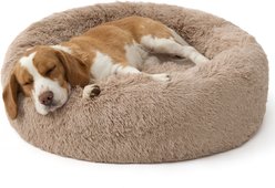 Bedsure Plus Version Calming Fluffy Plush Faux Fur Supported Donut Dog & Cat Bed, Camel, Medium
