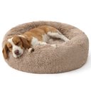 Bedsure Anti-Anxiety Deep Sleep & Joint Relief Calming Faux Fur Donut Bolster Dog Bed, Camel, Medium