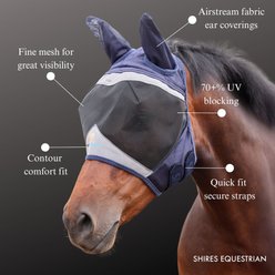 Shires Equestrian Products FlyGuard Pro Fine Mesh Horse Fly Mask with Ear, Navy, Full slide 2 of 3