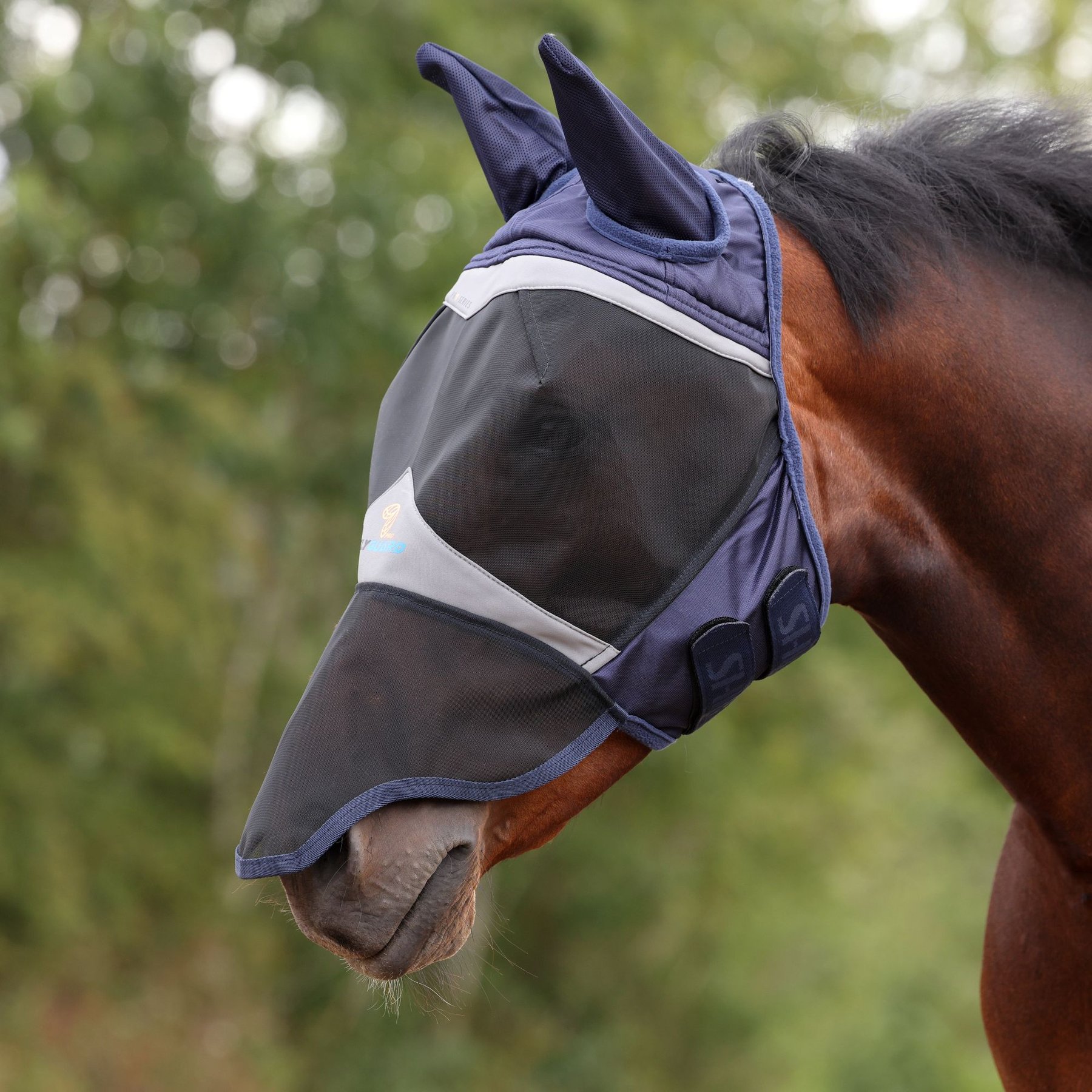 Shires Equestrian Products Fine Mesh Horse Fly Mask with Ears & Nose, Navy, X-Small Pony