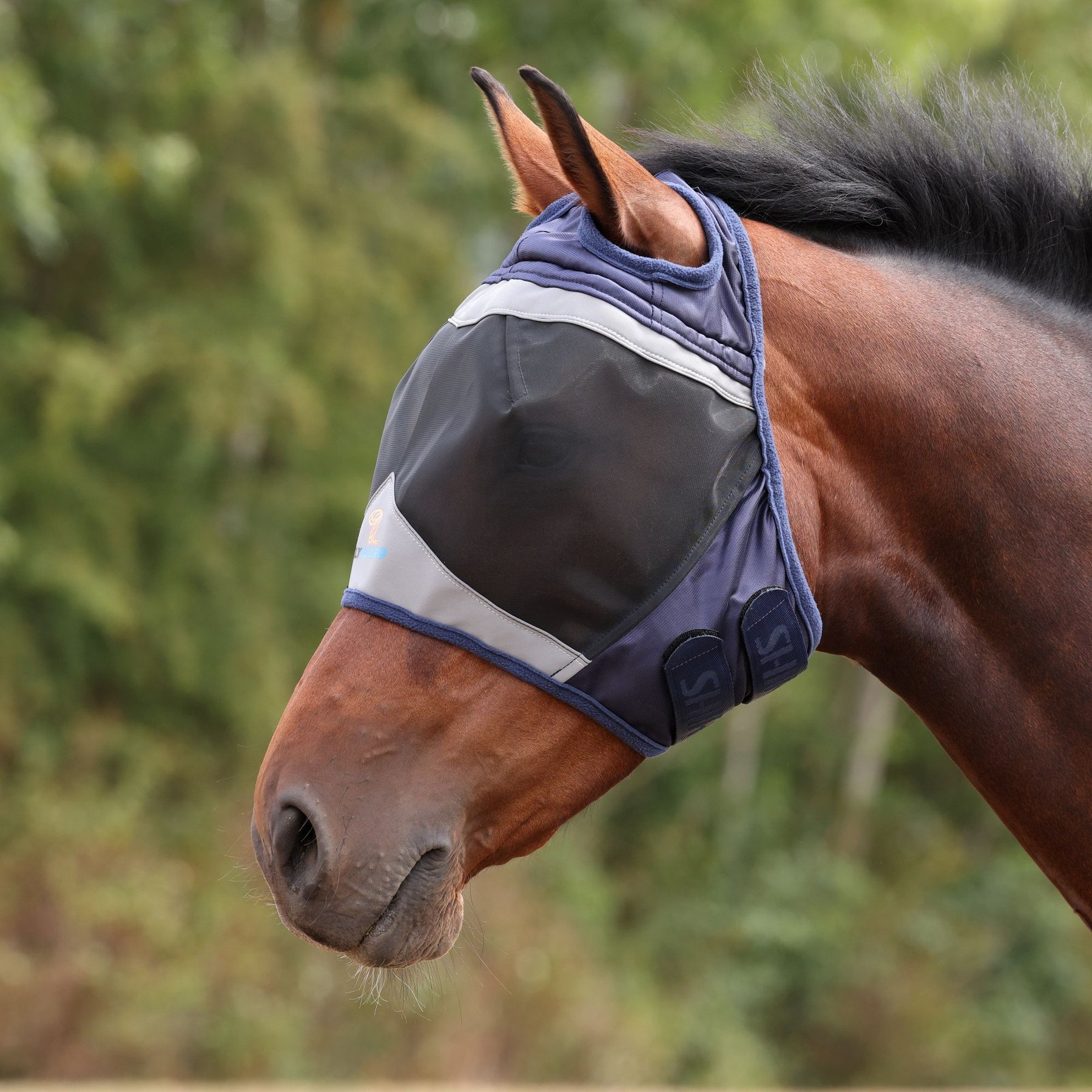 Shires Equestrian Products Fine Mesh Horse Fly Mask with Ear Hole, Navy, X-Large Full