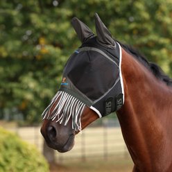 Shires Equestrian Products Air Motion Horse Fly Mask with Ears & Fringe, Khaki, Cob