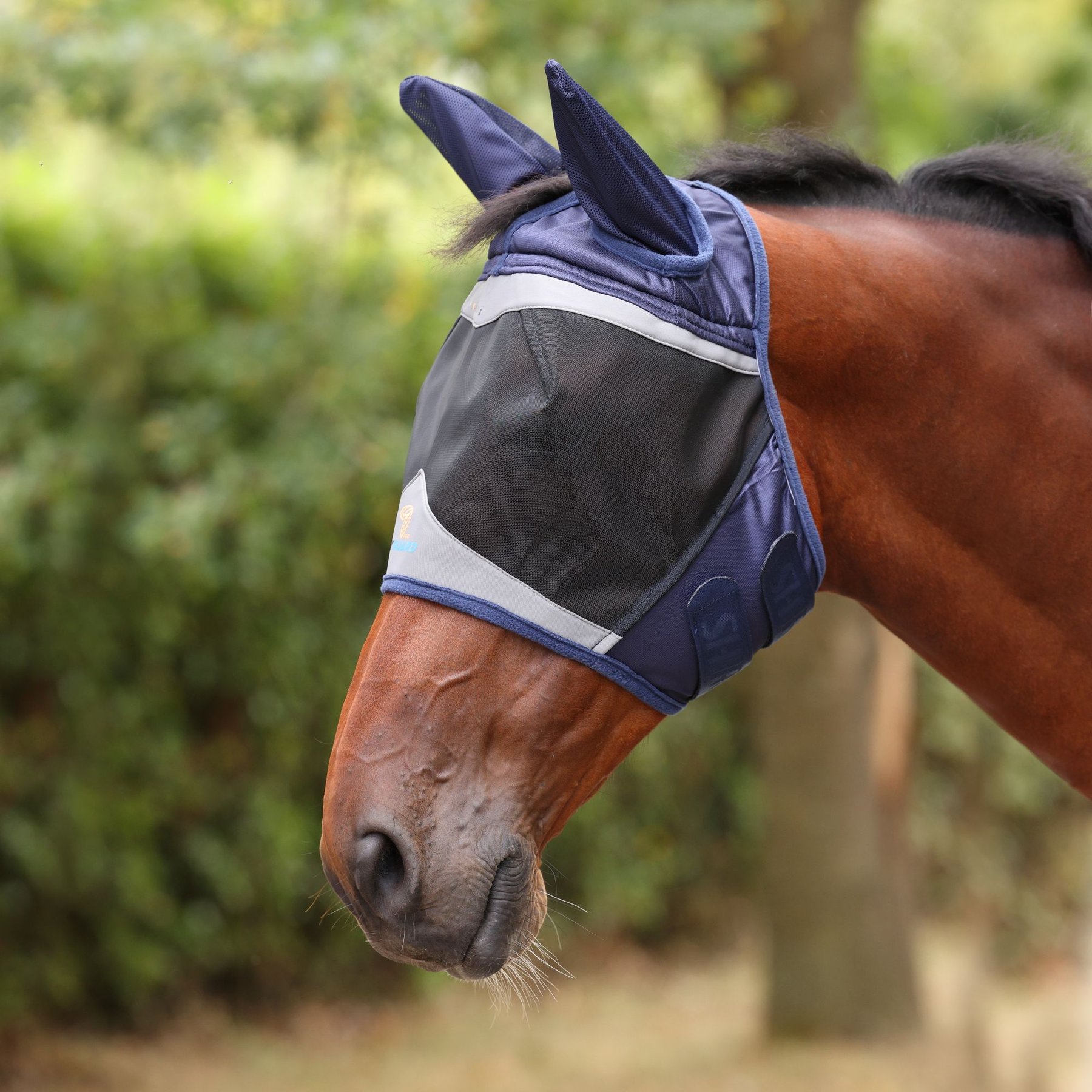Shires Equestrian Products FlyGuard Pro Fine Mesh Horse Fly Mask with Ears & Open Forelock, Navy, Pony