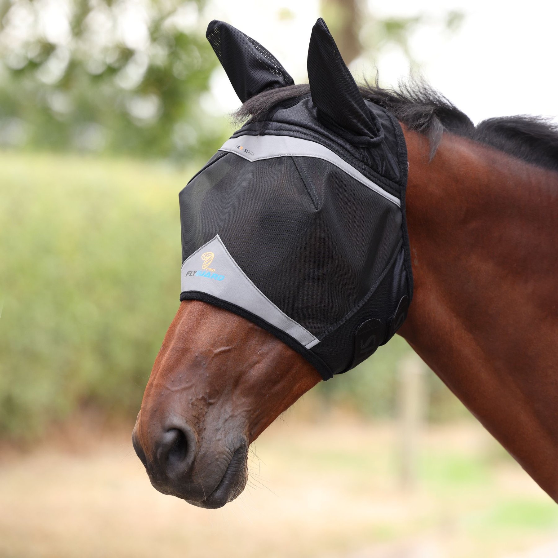 Shires Equestrian Products FlyGuard Pro Fine Mesh Horse Fly Mask with Ears & Open Forelock, Jet, Small Pony