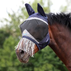 Shires Equestrian Products Fine Mesh Horse Fly Mask with Ears & Nose Fringe, Navy, Full