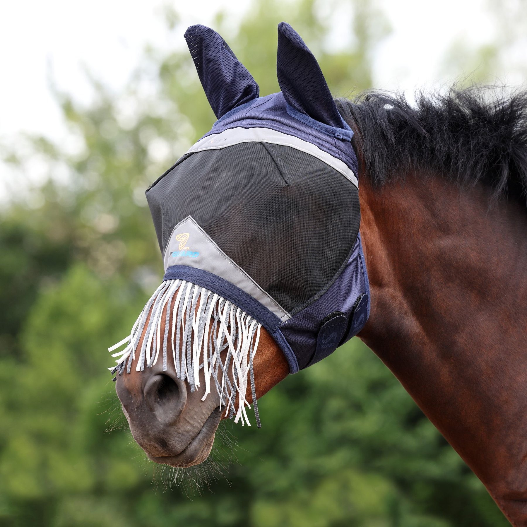 Shires Equestrian Products Fine Mesh Horse Fly Mask with Ears & Nose Fringe, Navy, X-Large Full
