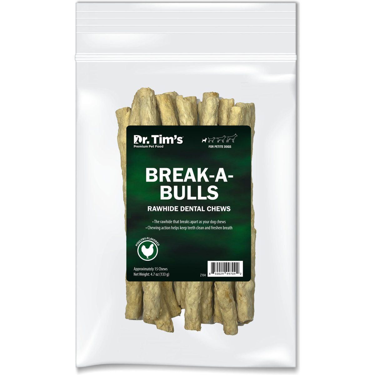 Dr. Tim's Break-A-Bulls Petite Rawhide Dog Dental Chews, 15 count