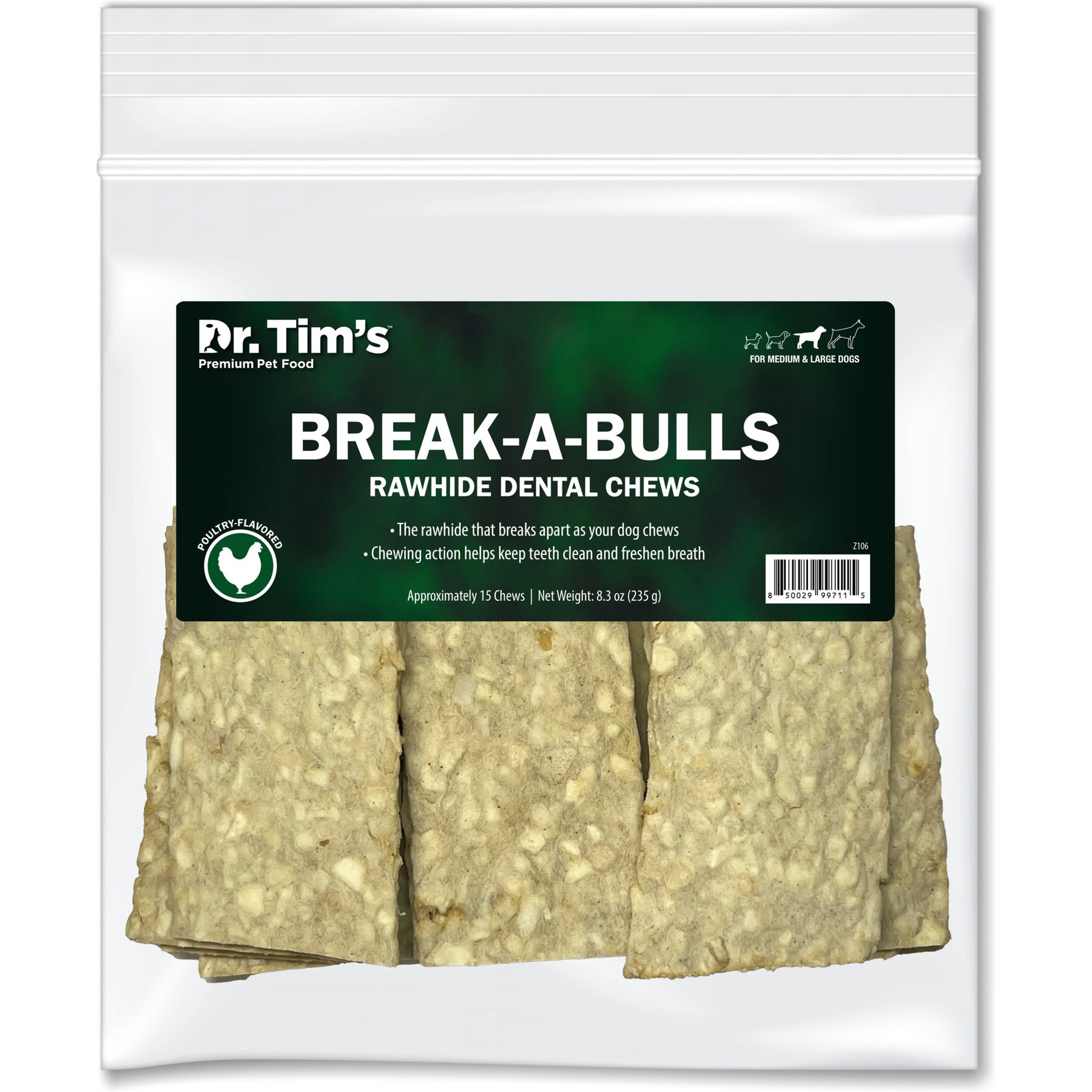 Dr. Tim's Break-A-Bulls Medium & Large Dog Rawhide Dental Chews, 15 count