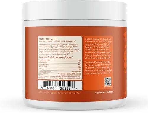 Show full view: Reggie Pumpkin Probiotic Powder Pumpkin & Apple Flavored Digestive Aid Supplement for Dogs, 40 servings slide 8 of 10