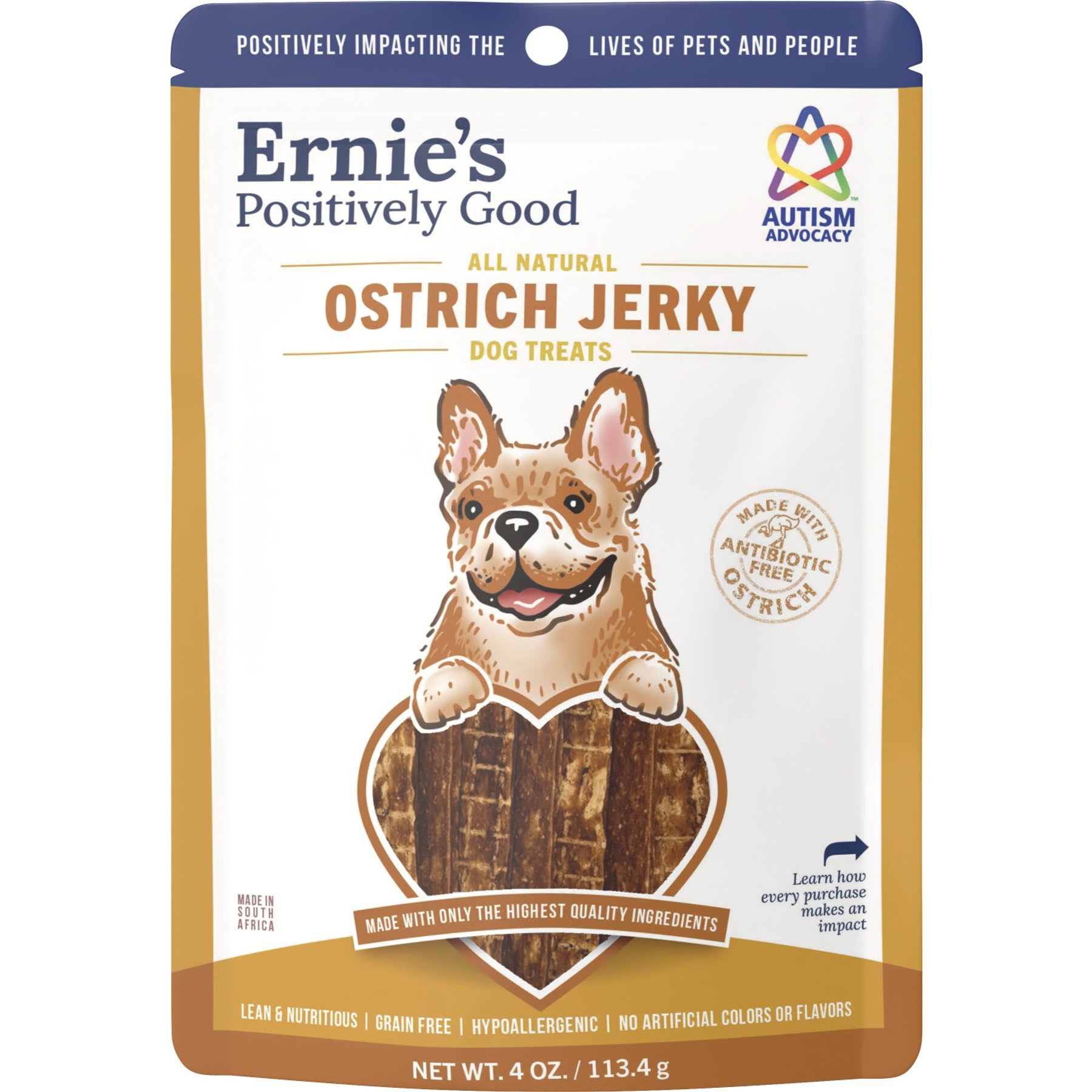 Ernie Els Pet Products Ernie's Ostrich Grain-Free Jerky Dog Treats, 4-oz pouch