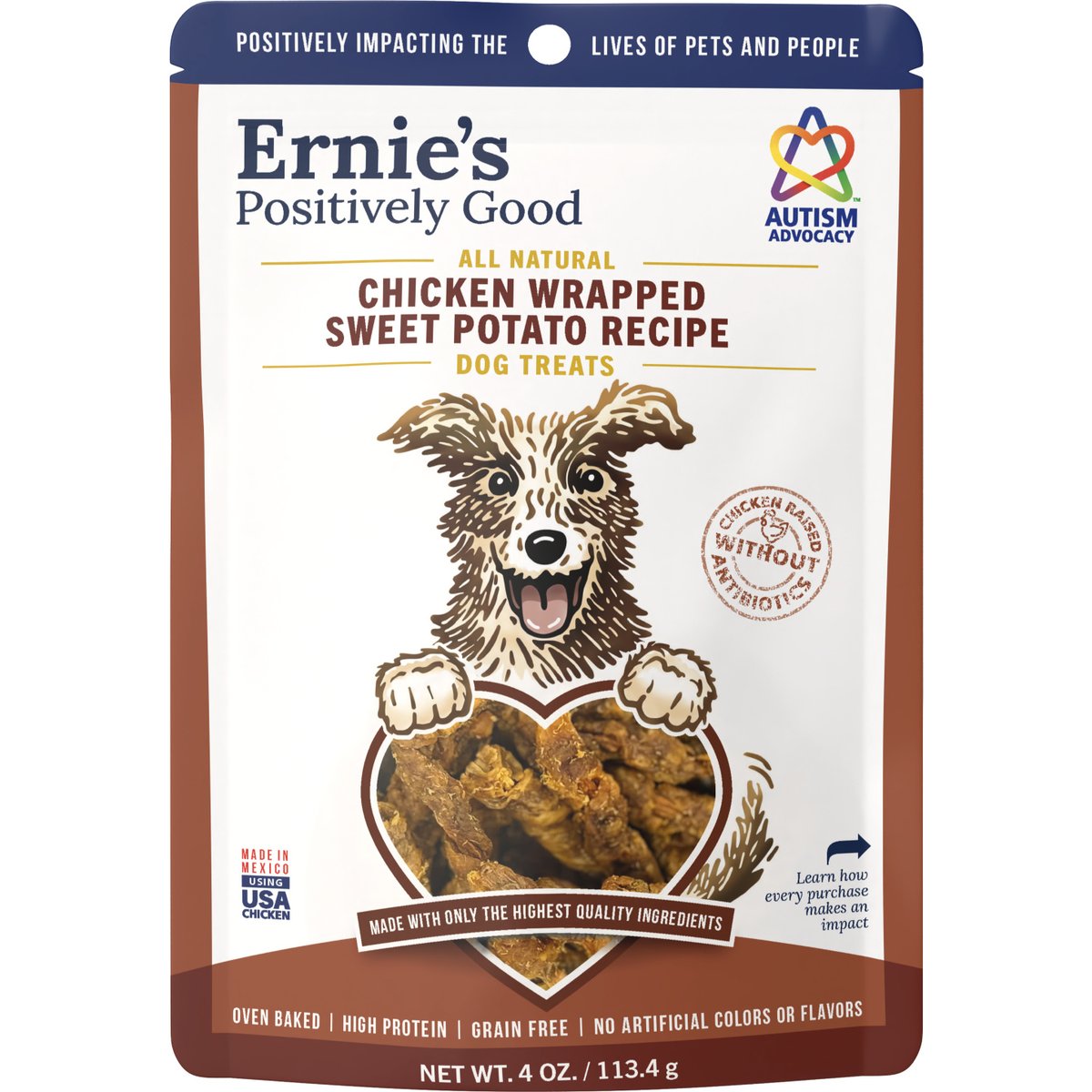 Ernie Els Pet Products Ernie's Chicken Wrapped Sweet Potato Recipe Grain-Free Jerky Dog Treats, 4-oz pouch