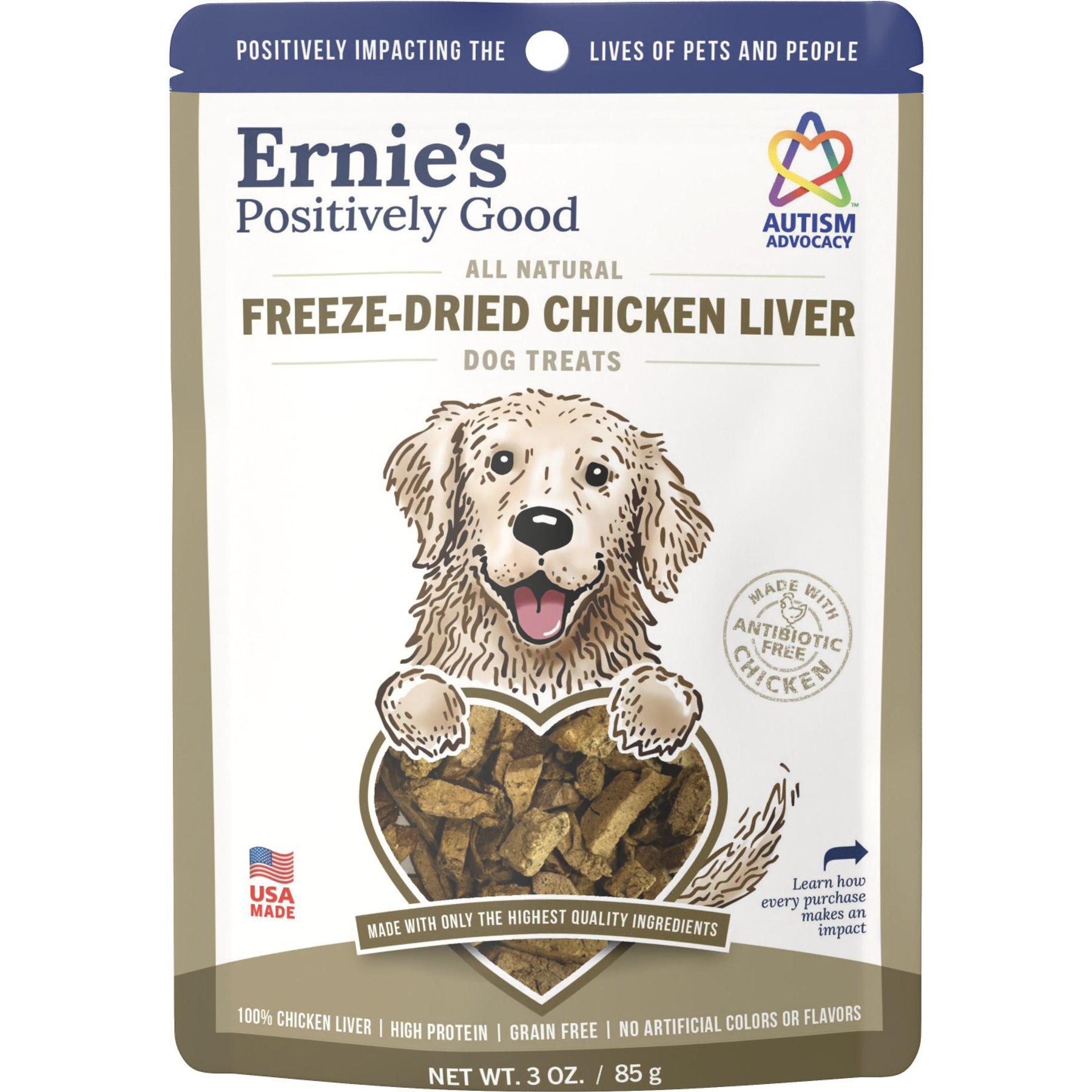 Ernie Els Pet Products Ernie's Chicken Liver Grain-Free Freeze-Dried Dog Treats, 3-oz pouch