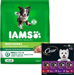 Iams MiniChunks Small Kibble High Protein Dry Food + Cesar Classic Loaf in Sauce Beef Recipe, Filet Mignon, Grilled Chicken, & Porterhouse Steak Flavors Variety Pack Dog Food