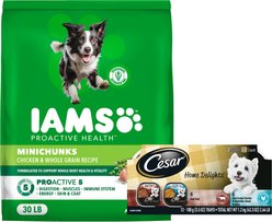 Cesar Home Delights Slow Cooked Chicken & Vegetables & Beef Stew Variety Pack Food Trays + Iams MiniChunks Small Kibble Dry Dog Food