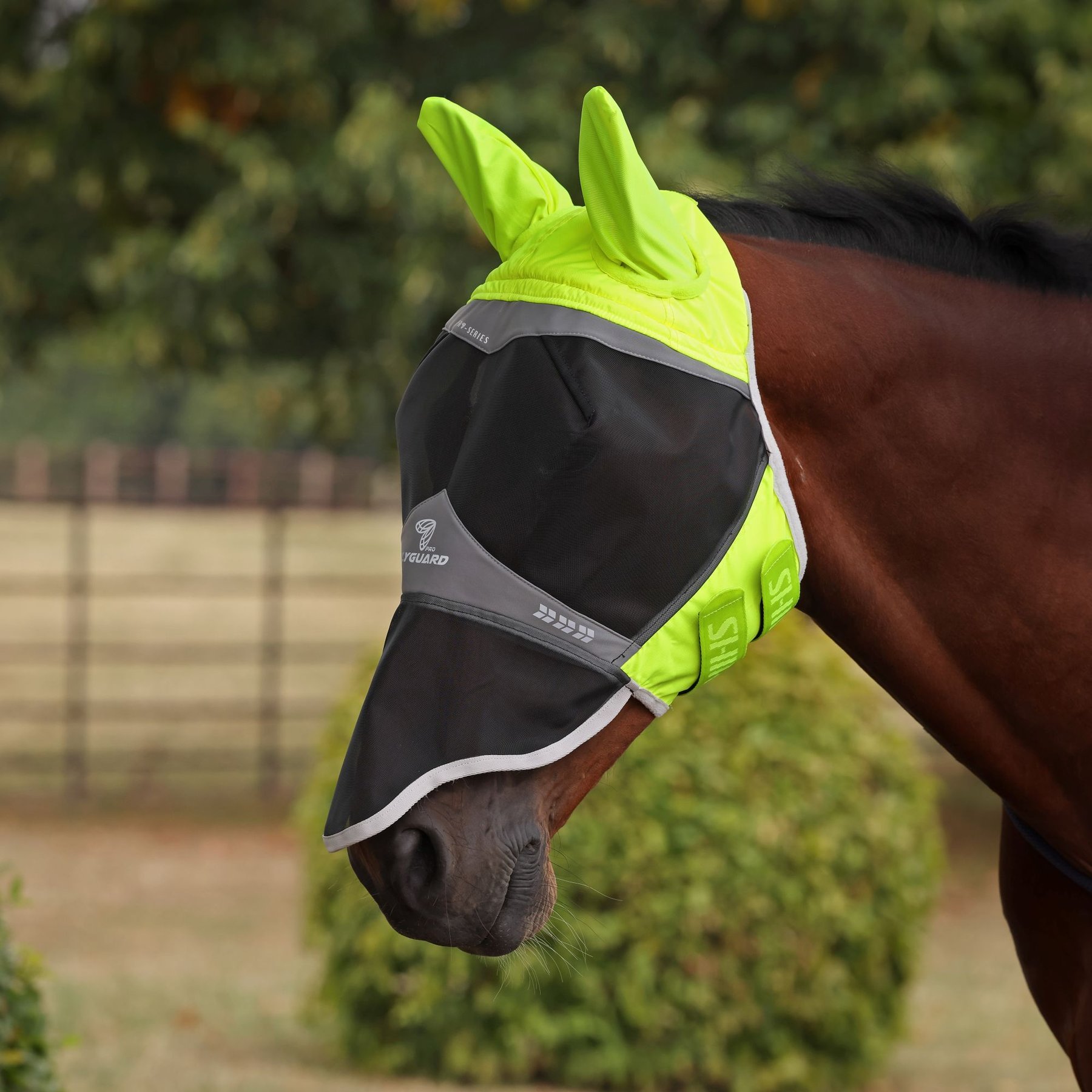 Shires Equestrian Products FlyGuard Pro Hi-Viz Fine Mesh Horse Fly Mask with Ears & Nose, Yellow, X-Large Full