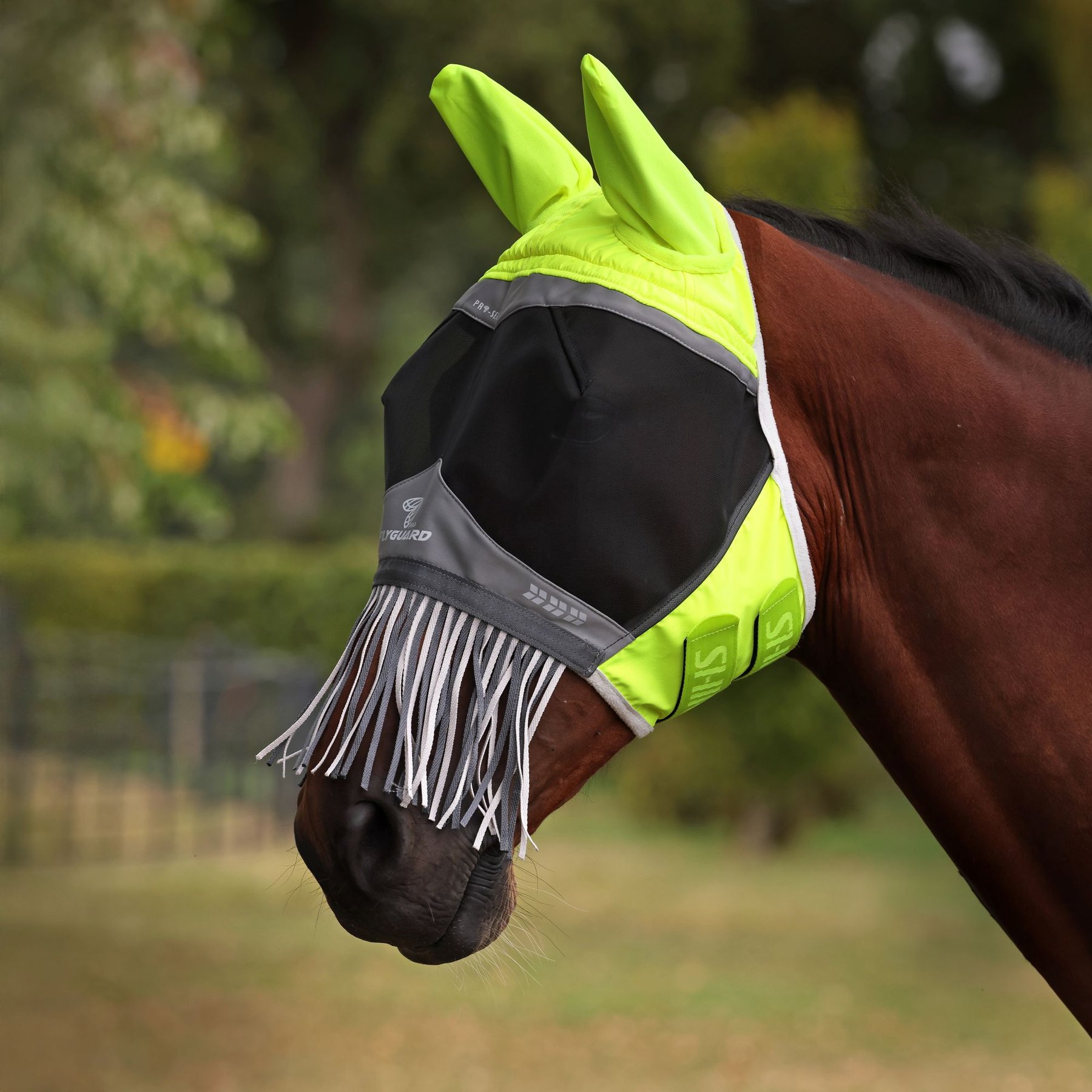 Shires Equestrian Products FlyGuard Pro Hi-Viz Fine Mesh Horse Fly Mask with Ears & Nose Fringe, Yellow, Yellow, X-Large Full