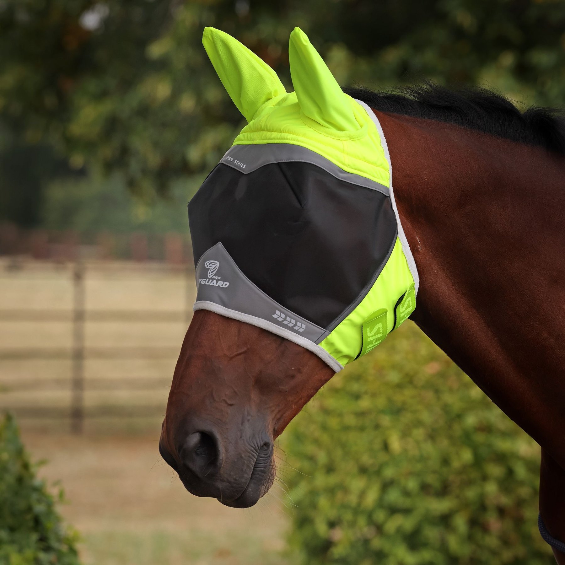 Shires Equestrian Products FlyGuard Pro Hi-Viz Fine Mesh Horse Fly Mask with Ears, Yellow, Small Pony