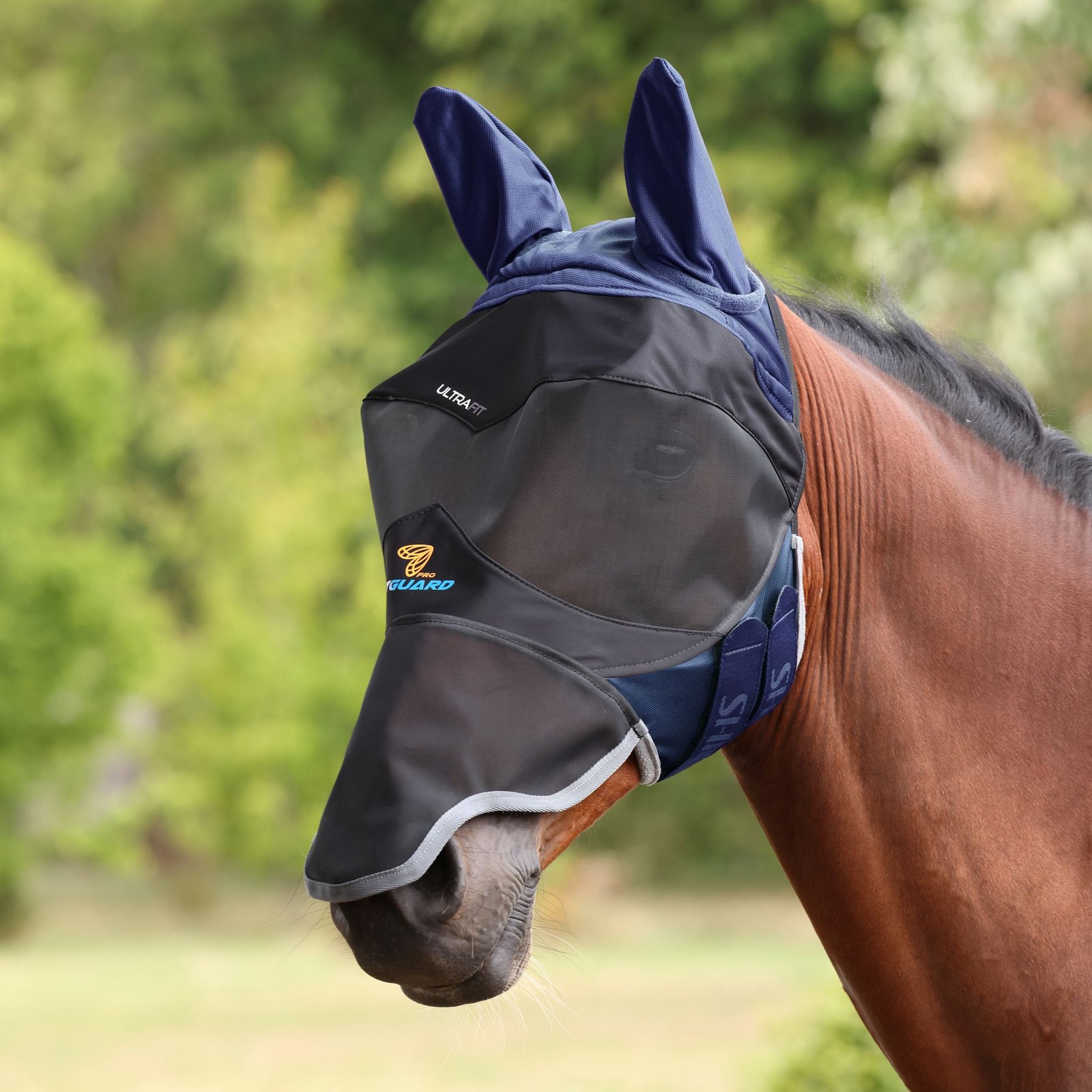 Shires Equestrian Products FlyGuard Pro Deluxe Horse Fly Mask with Ears & Nose, Navy, Pony