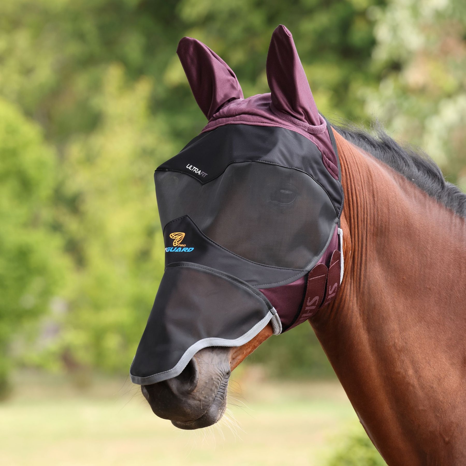 Shires Equestrian Products FlyGuard Pro Deluxe Horse Fly Mask with Ears & Nose, Black Cherry, Full