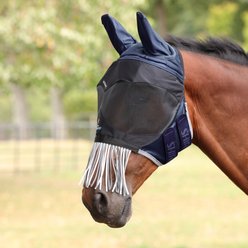 Shires Equestrian Products FlyGuard Pro Deluxe Horse Fly Mask with Ears & Nose Fringe, Navy, X-Large Full slide 1 of 8