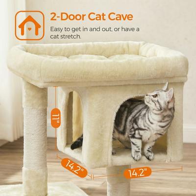 Show full view: FEANDREA 33.1-in Cat Tree with Perch, 2 Cat Caves & Scratching Post, Smoky Gray, Beige slide 4 of 9