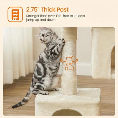 Show full view: FEANDREA 33.1-in Cat Tree with Perch, 2 Cat Caves & Scratching Post, Smoky Gray, Beige slide 5 of 9