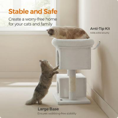 Show full view: FEANDREA 33.1-in Cat Tree with Oversized Perch, 2 Spacious Cat Caves & Sturdy Scratching Post, Cream White slide 8 of 8