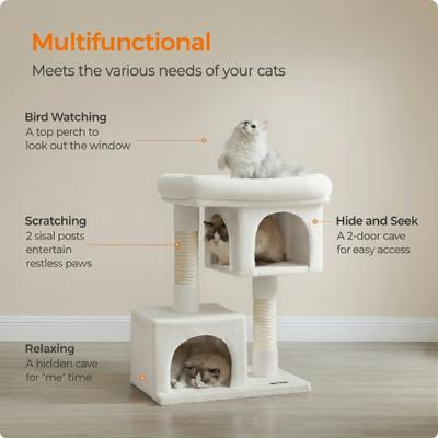Show full view: FEANDREA 33.1-in Cat Tree with Oversized Perch, 2 Spacious Cat Caves & Sturdy Scratching Post, Cream White slide 4 of 8