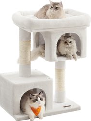 FEANDREA 33.1-in Cat Tree with Oversized Perch, 2 Spacious Cat Caves & Sturdy Scratching Post, Cream White