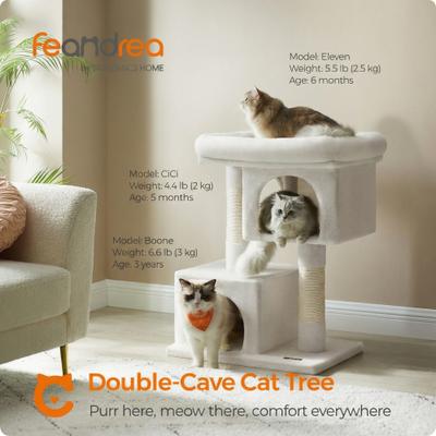Show full view: FEANDREA 33.1-in Cat Tree with Oversized Perch, 2 Spacious Cat Caves & Sturdy Scratching Post, Cream White slide 2 of 8